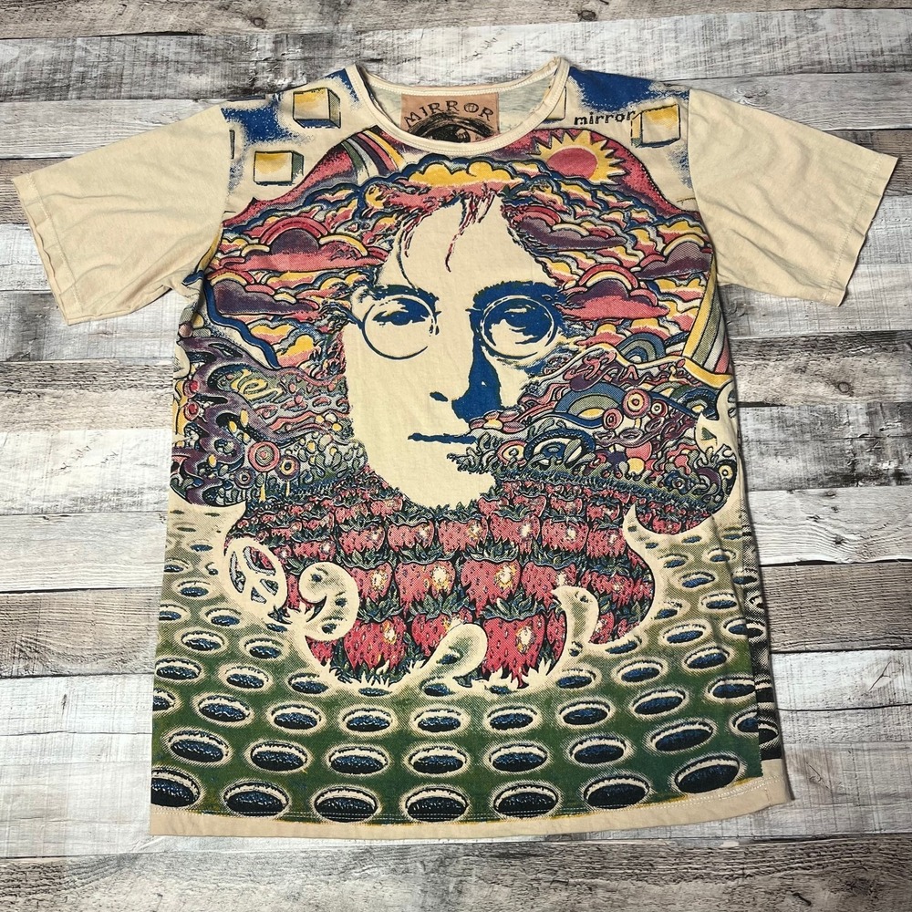 John Lennon Shirt Adult Large AOP Vintage 90s Strawberry Fields Rock Band Tee